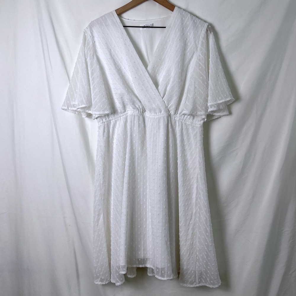 MiSSKY Mini Dress White Size XL Swiss Dot V-Neck Flutter Sleeve Empire Waist
